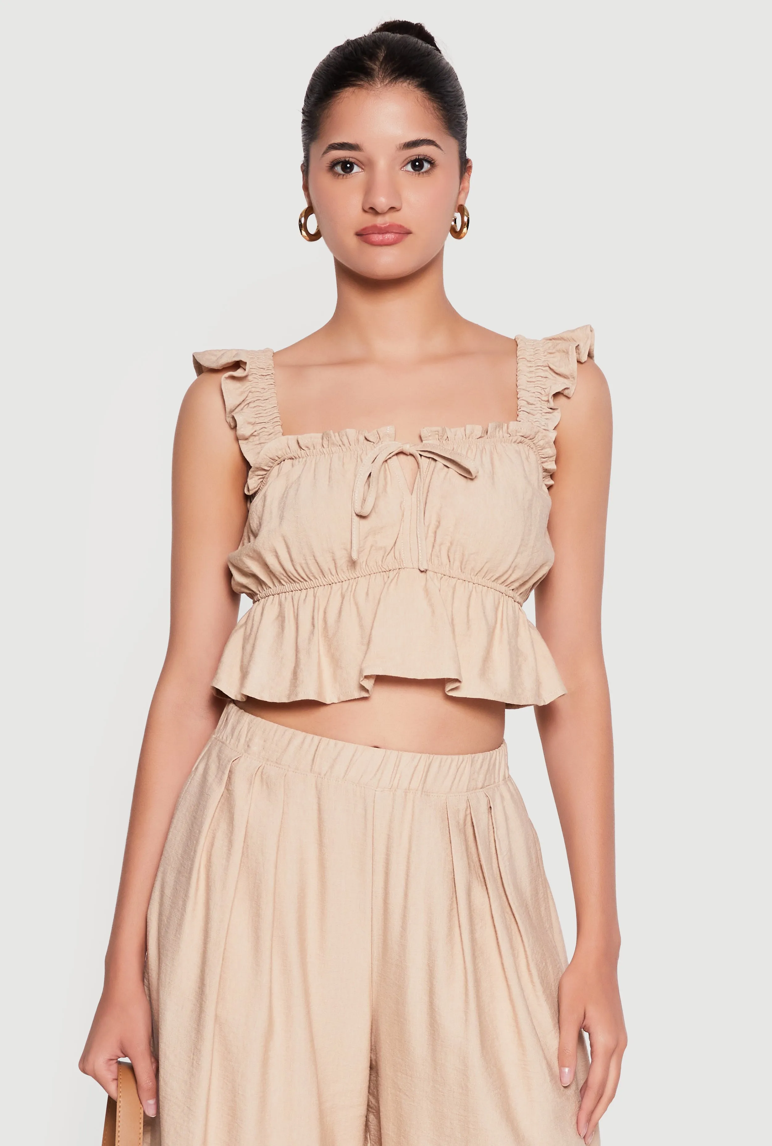 Ruffle Strap Tie Front Crop Peplum Top sold by Rainbow