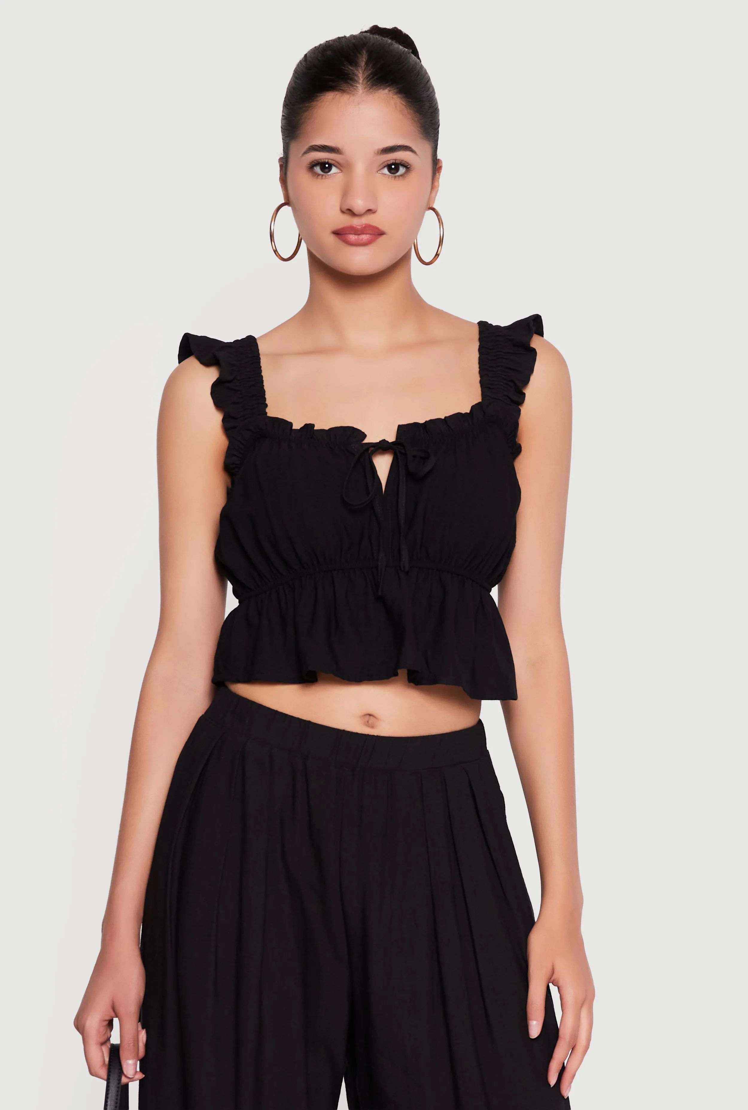 Ruffle Strap Tie Front Crop Peplum Top sold by Rainbow product image thumbnail 2