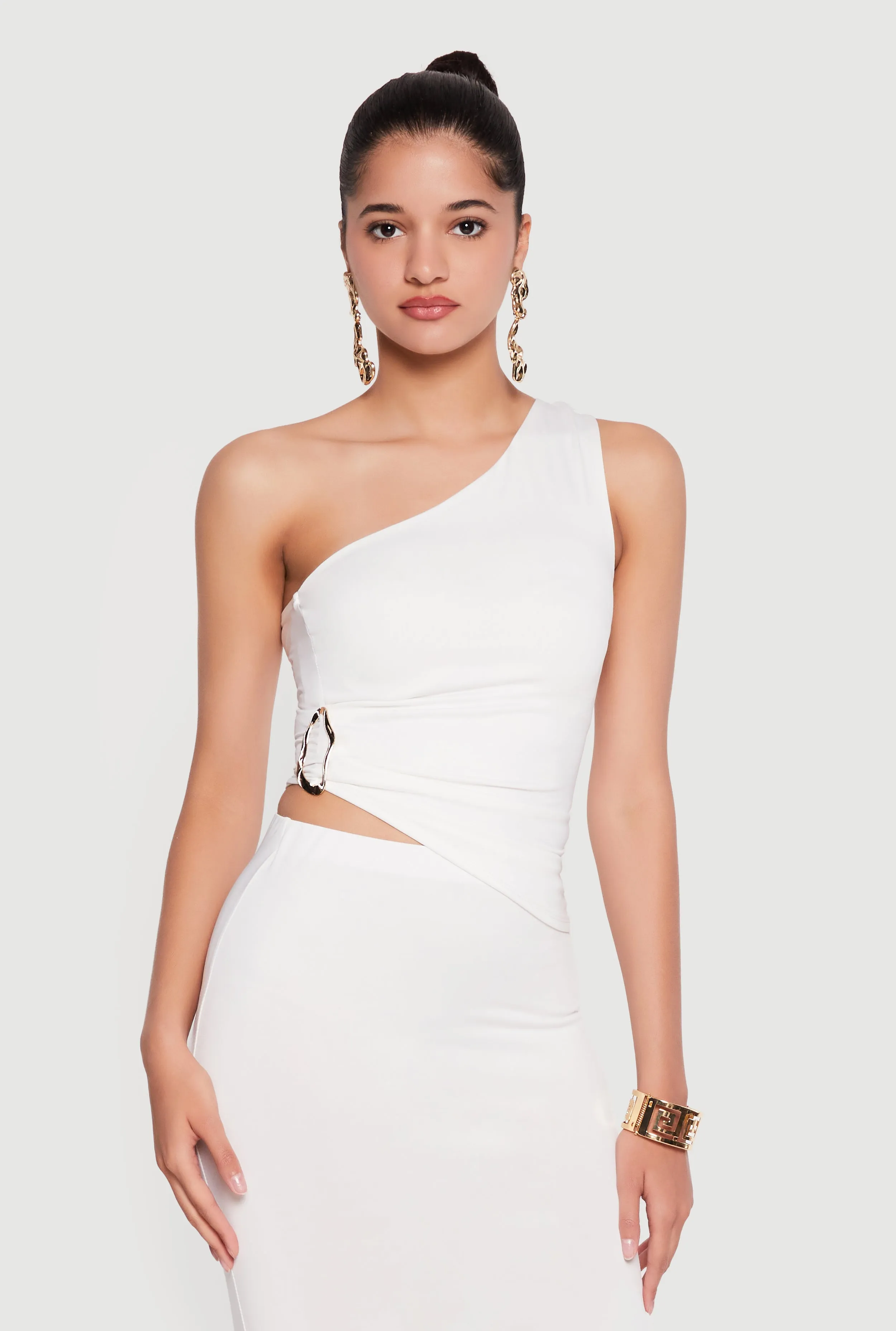 Metallic Detail Ruched Side One Shoulder Top sold by Rainbow