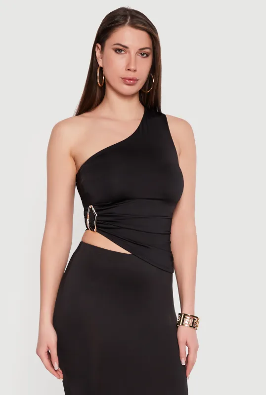 Metallic Detail Ruched Side One Shoulder Top made by iris