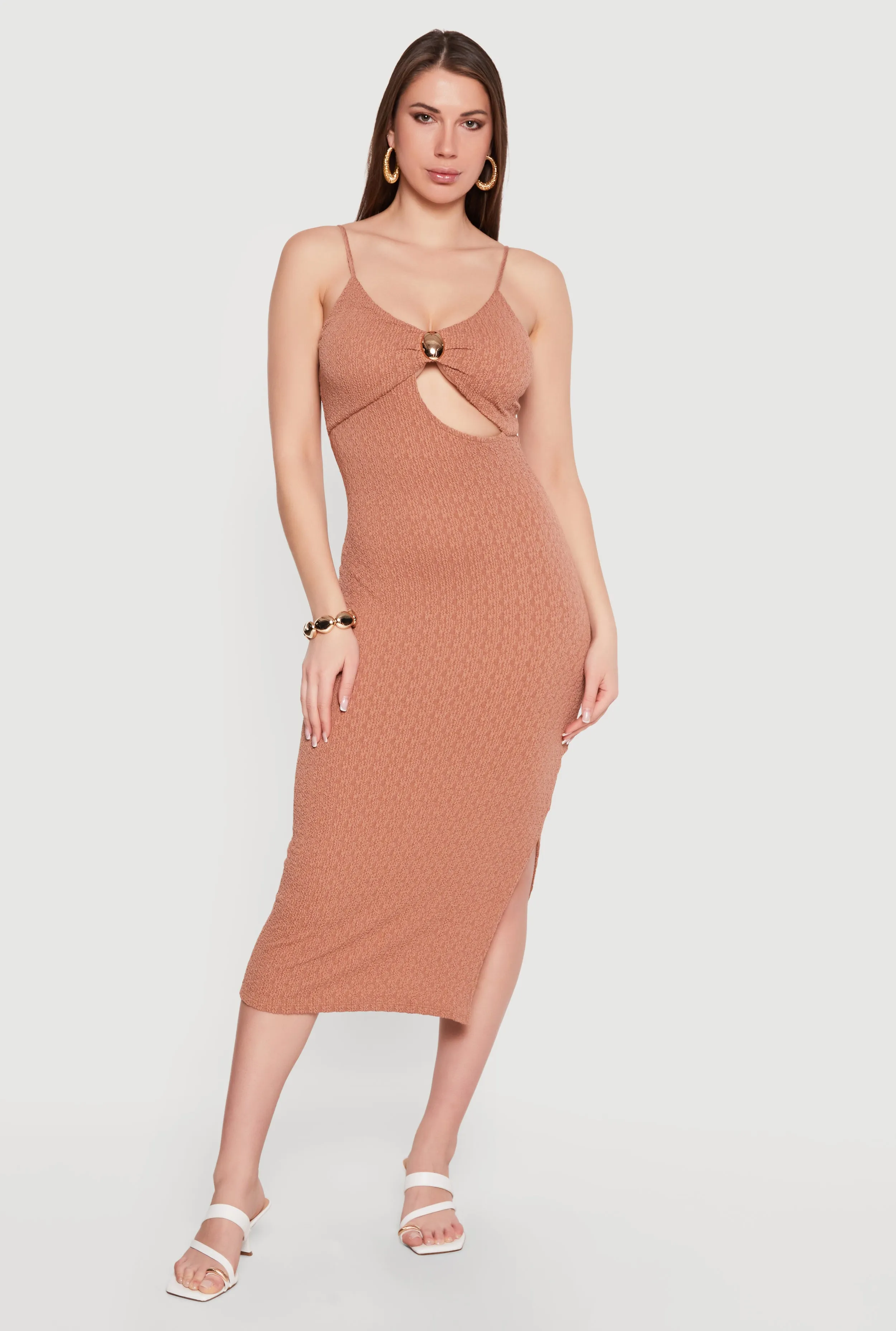 Keyhole Metallic Detail Midi Cami Dress with Side Slit sold by Rainbow