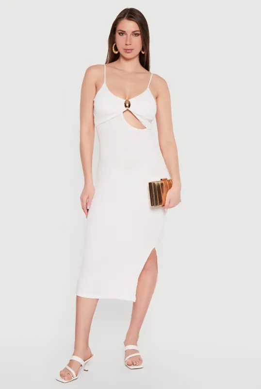 Keyhole Metallic Detail Midi Cami Dress with Side Slit made by Rainbow