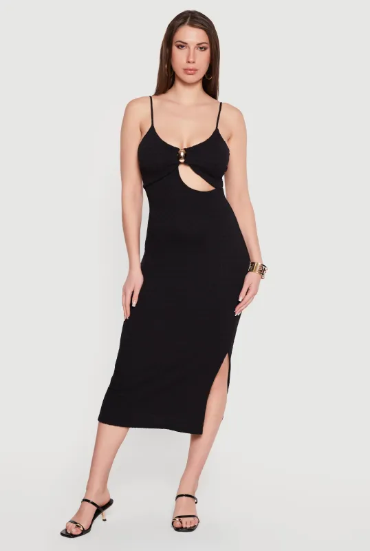 Keyhole Metallic Detail Midi Cami Dress with Side Slit made by Rainbow
