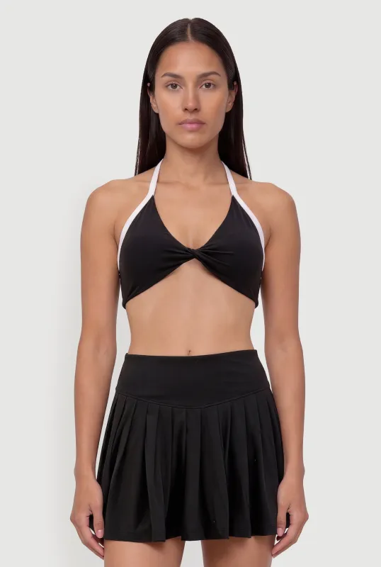 Twist Front Contrast Trim Halter Crop Top made by Rainbow