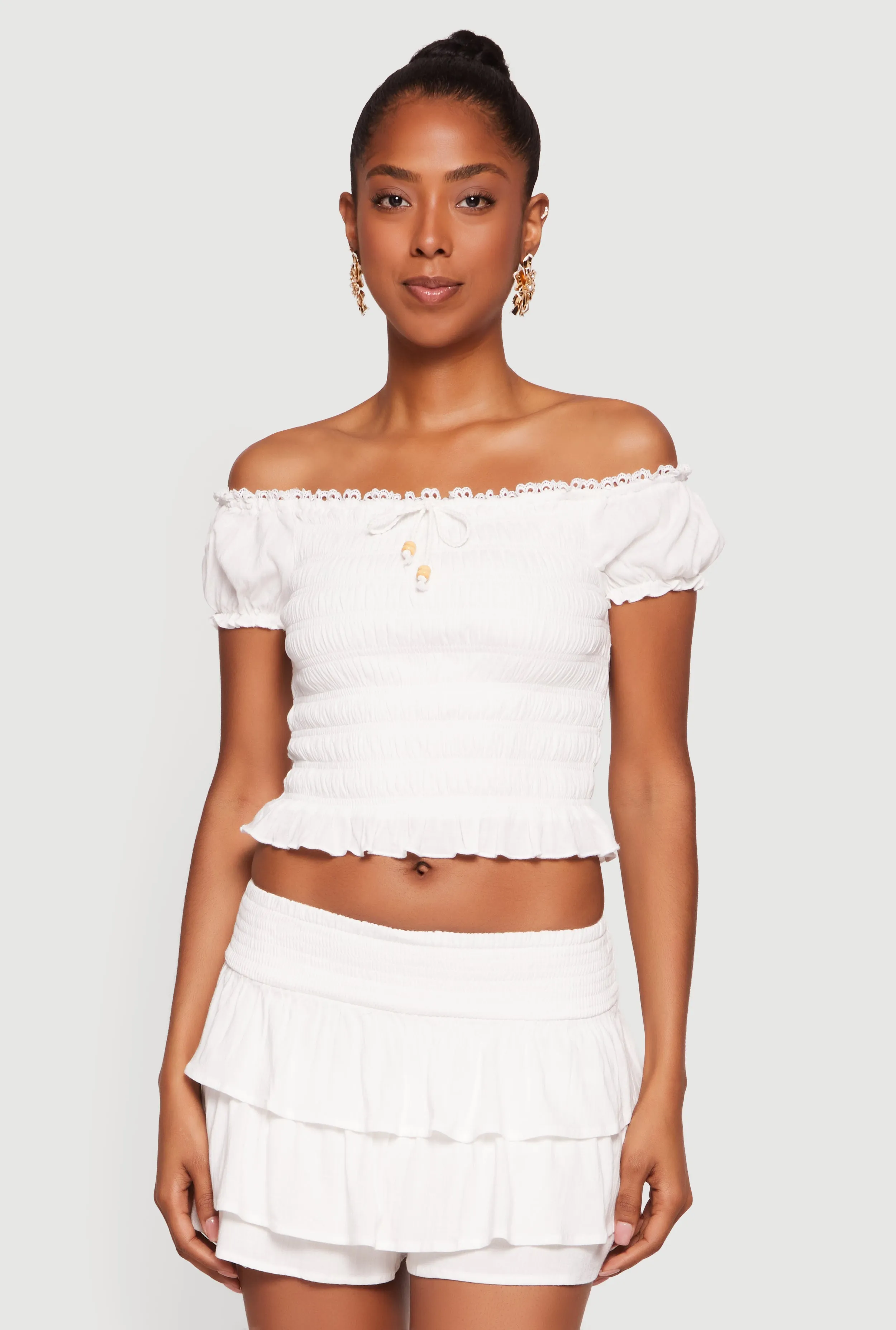 Beaded Crochet Detail Smocked Off The Shoulder Top sold by Rainbow