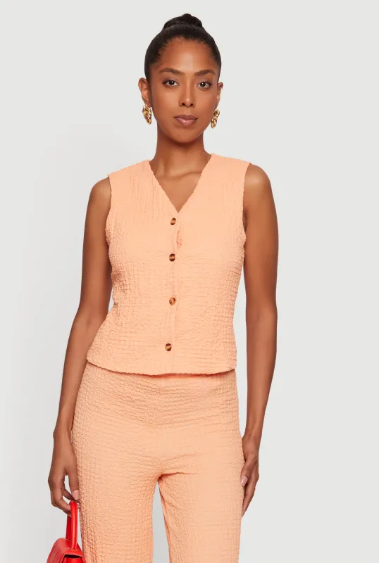 Textured Knit V Neck Button Front Vest made by Rainbow