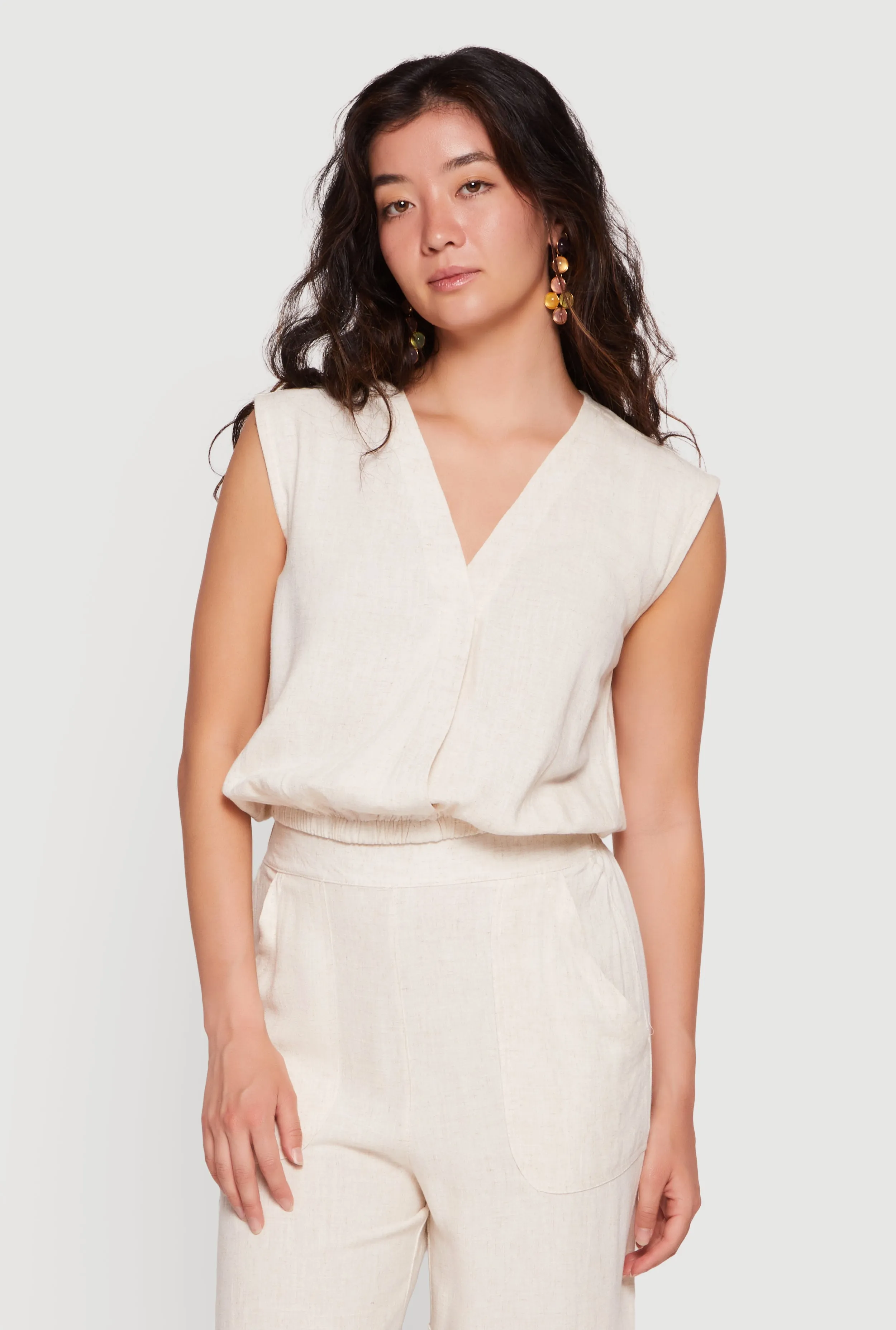 Linen Faux Wrap Cap Sleeve Crop Top Cap Sleeve Top sold by Rainbow product image thumbnail 2