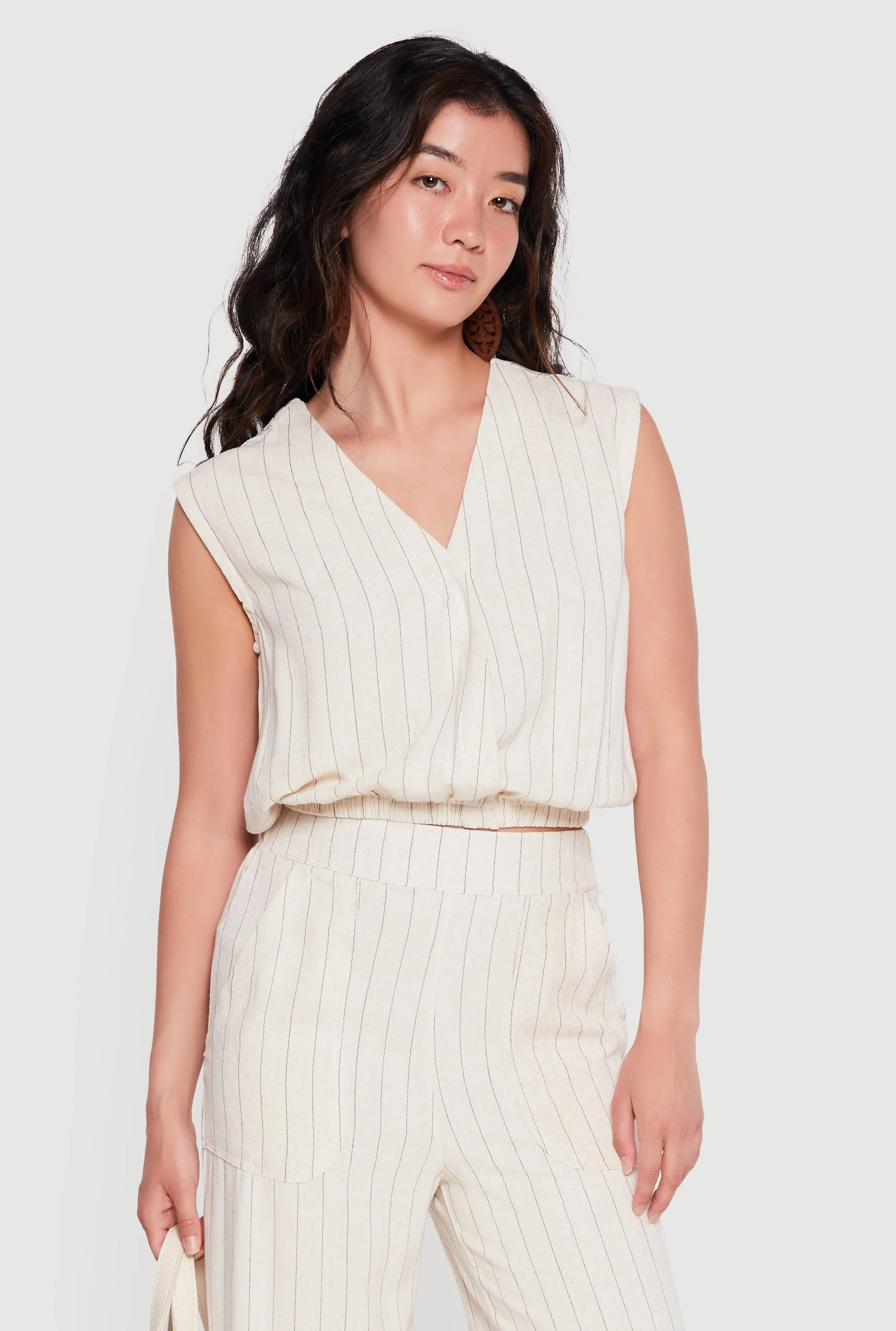 Linen Faux Wrap Cap Sleeve Crop Top Cap Sleeve Top sold by Rainbow product image thumbnail 3
