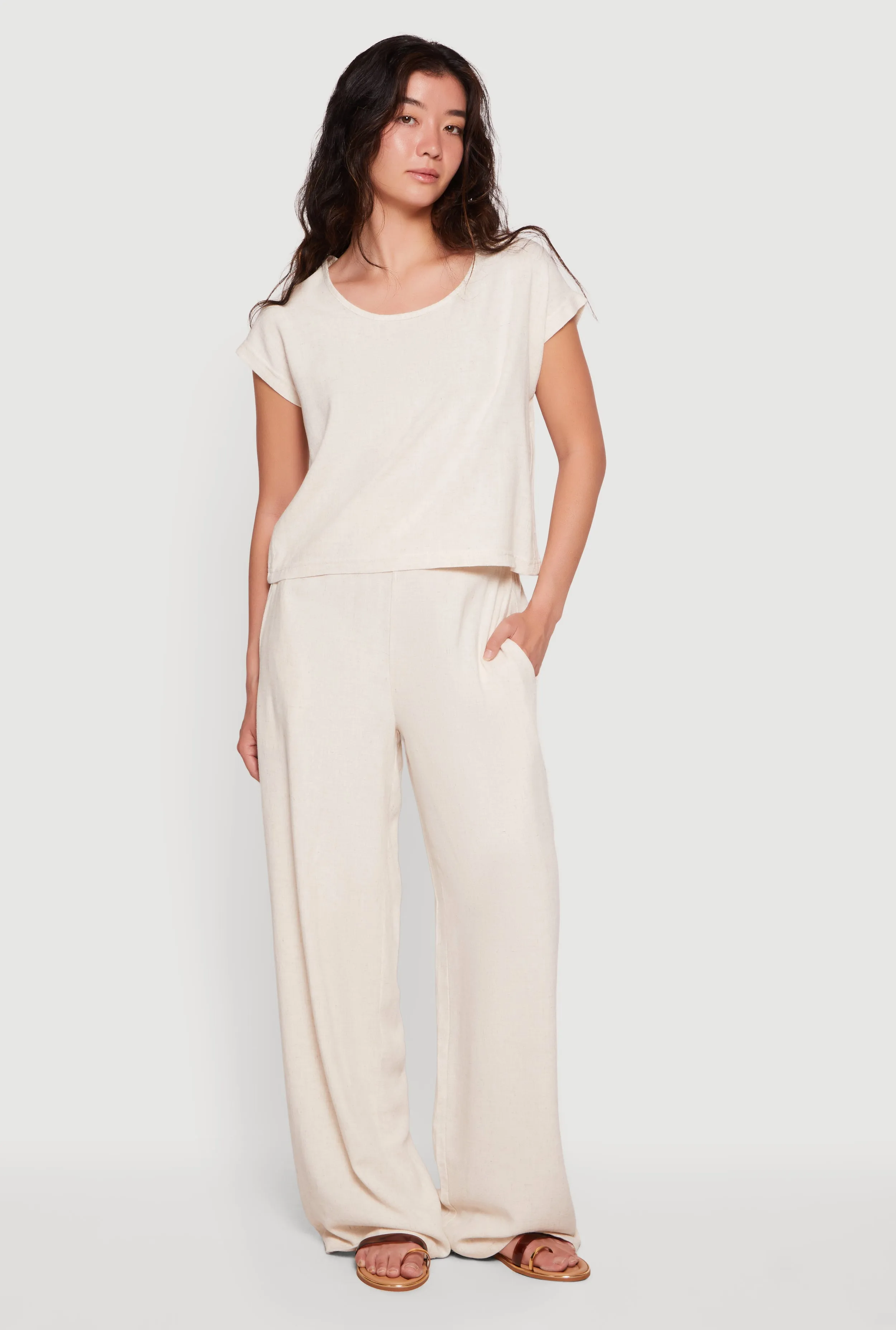 Linen High Waisted Wide Leg Pull On Pants sold by Rainbow