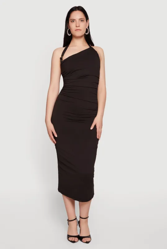 Buckle Detail Asymmetrical Halter Midi Dress made by iris