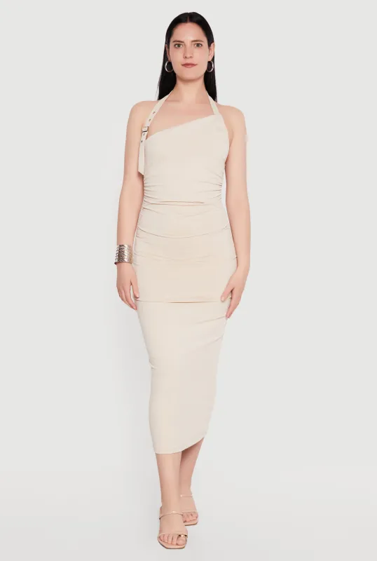 Buckle Detail Asymmetrical Halter Midi Dress made by iris