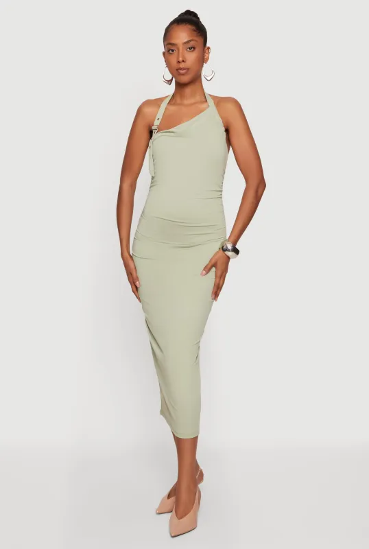 Buckle Detail Asymmetrical Halter Midi Dress made by iris