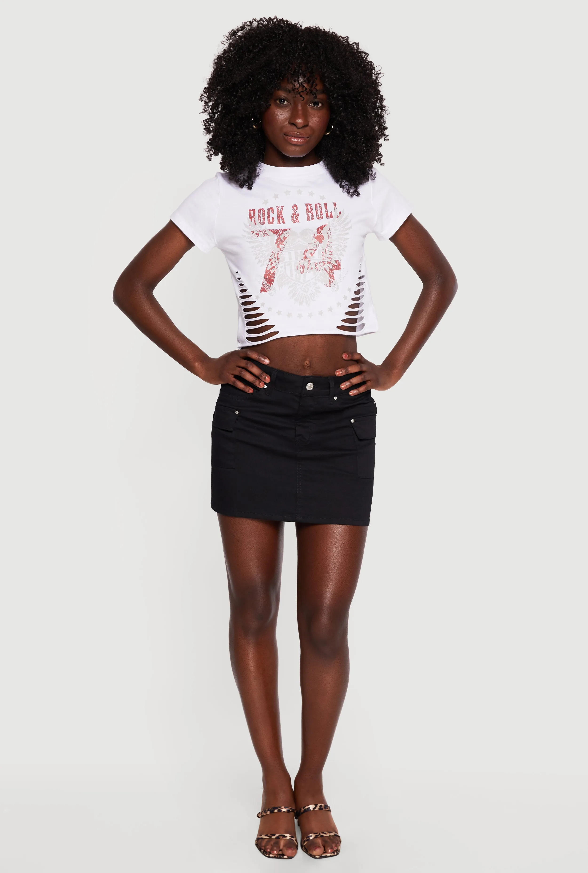 Rock and Roll Graphic Slashed Cropped Tee sold by Rainbow
