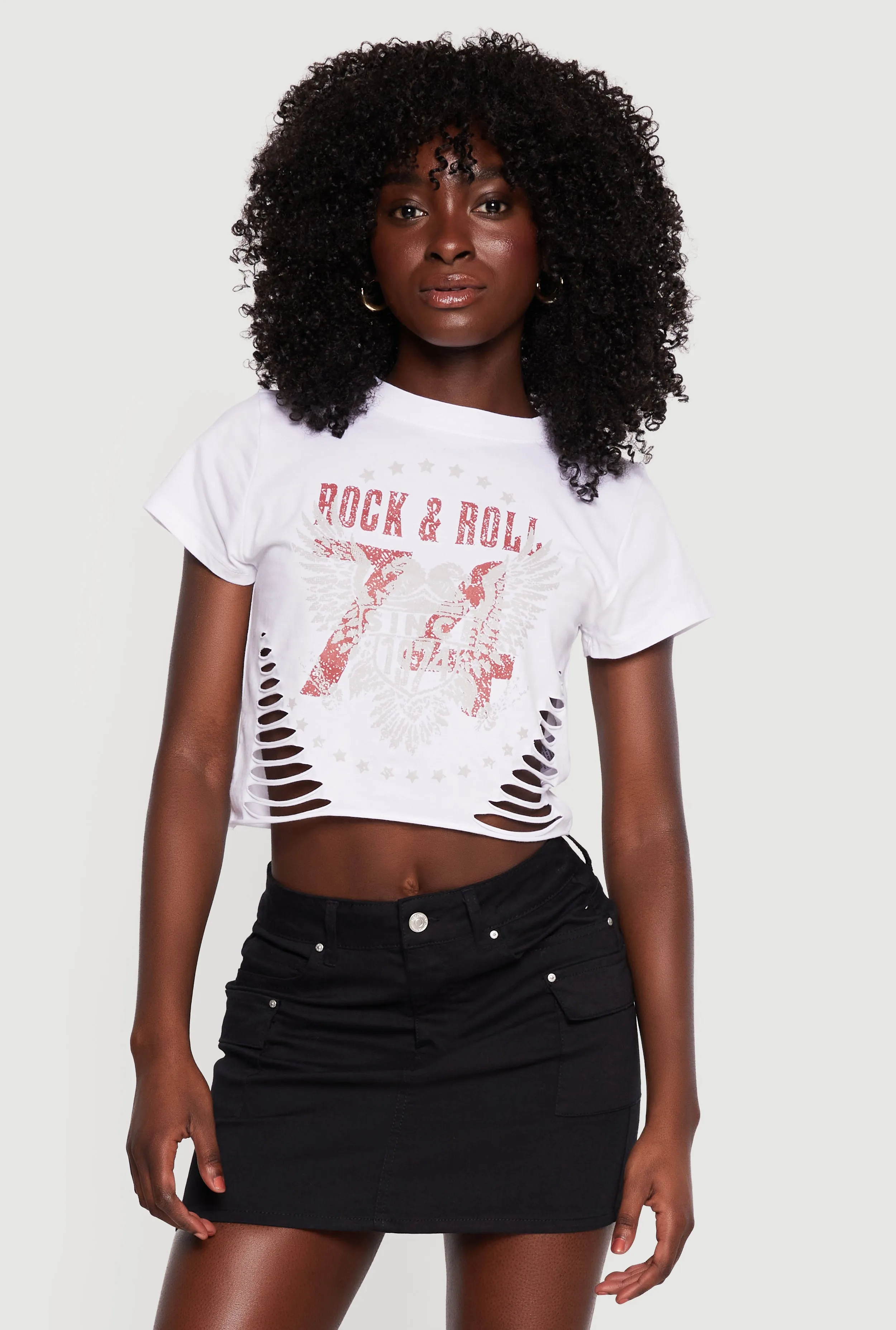Rock and Roll Graphic Slashed Cropped Tee sold by Rainbow product image thumbnail 2