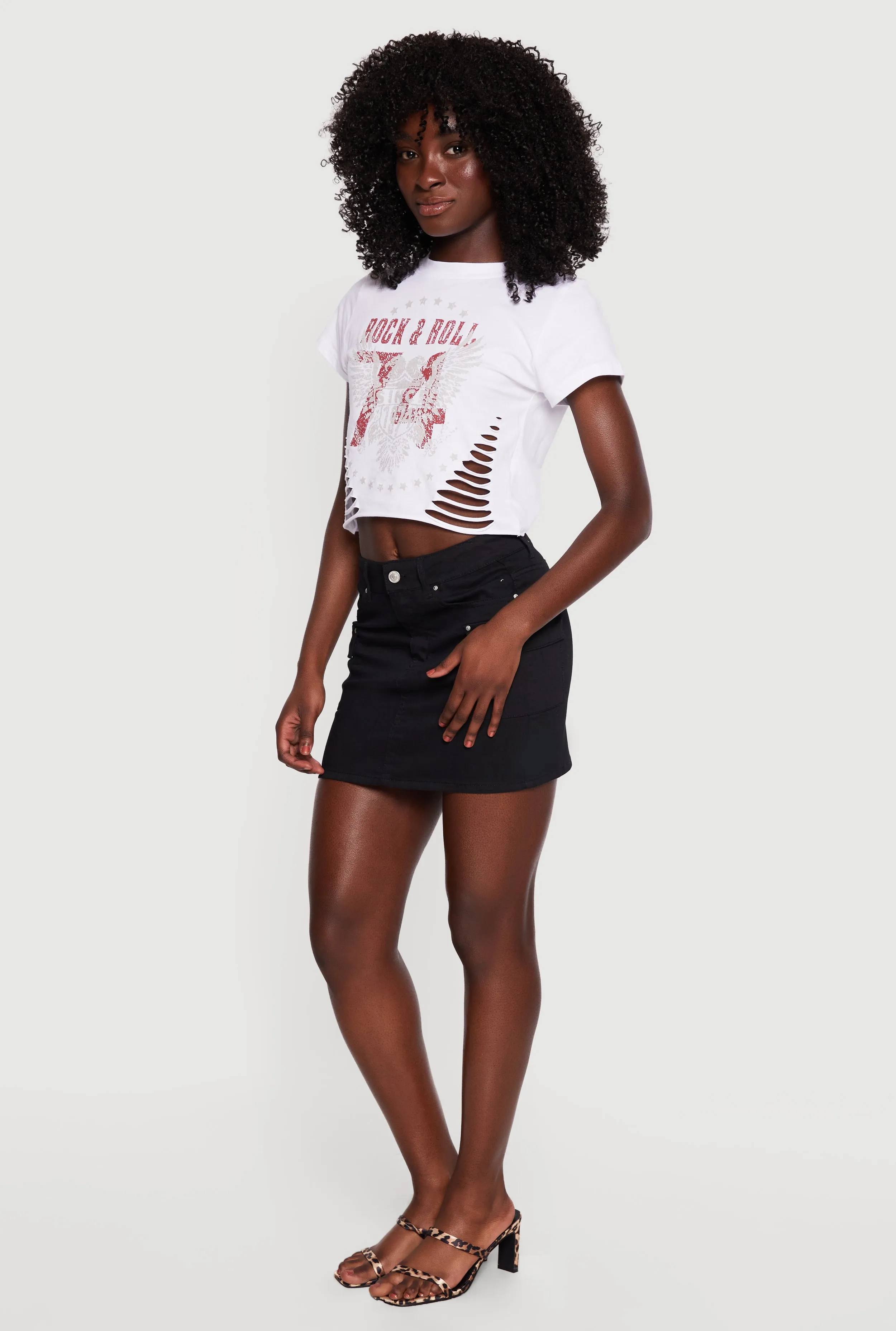 Rock and Roll Graphic Slashed Cropped Tee sold by Rainbow product image thumbnail 3