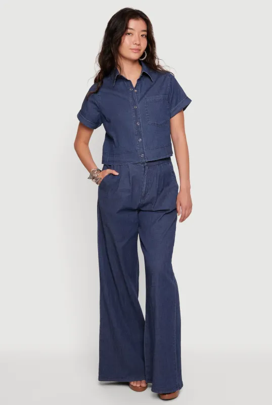 Pleated High Waisted Wide Leg Chambray Pants made by Haute Monde