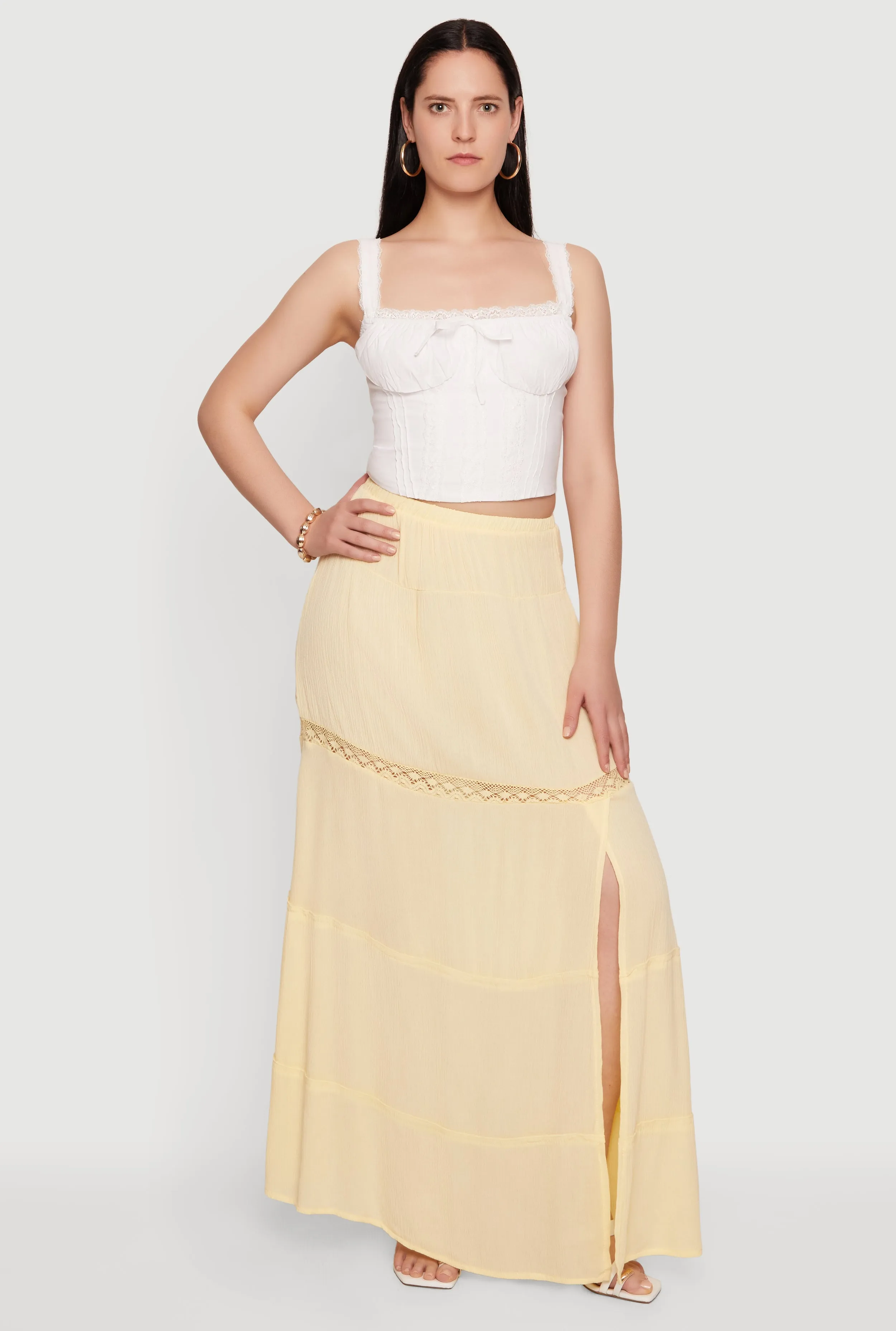 Side Slit Lace Detail Tiered Maxi Skirt sold by Rainbow