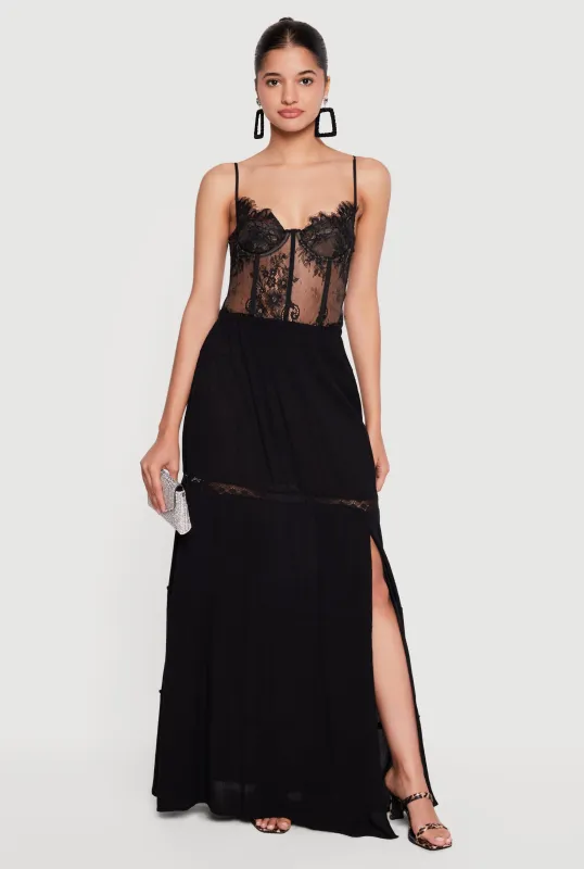 Side Slit Lace Detail Tiered Maxi Skirt made by Rainbow