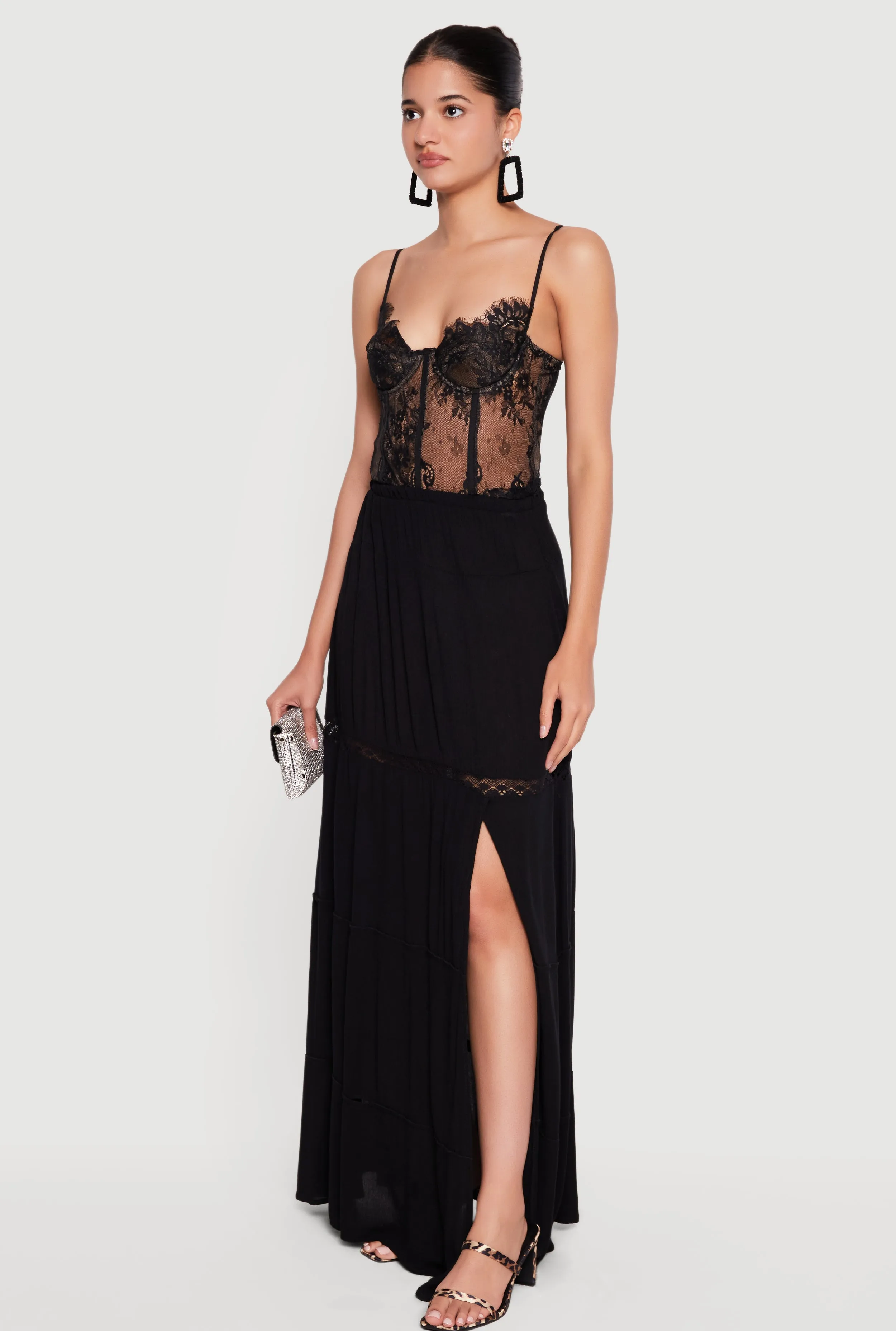 Side Slit Lace Detail Tiered Maxi Skirt sold by Rainbow product image thumbnail 2