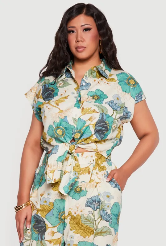 Plus Size Floral Tie Front Button Front Crop Top made by Rainbow