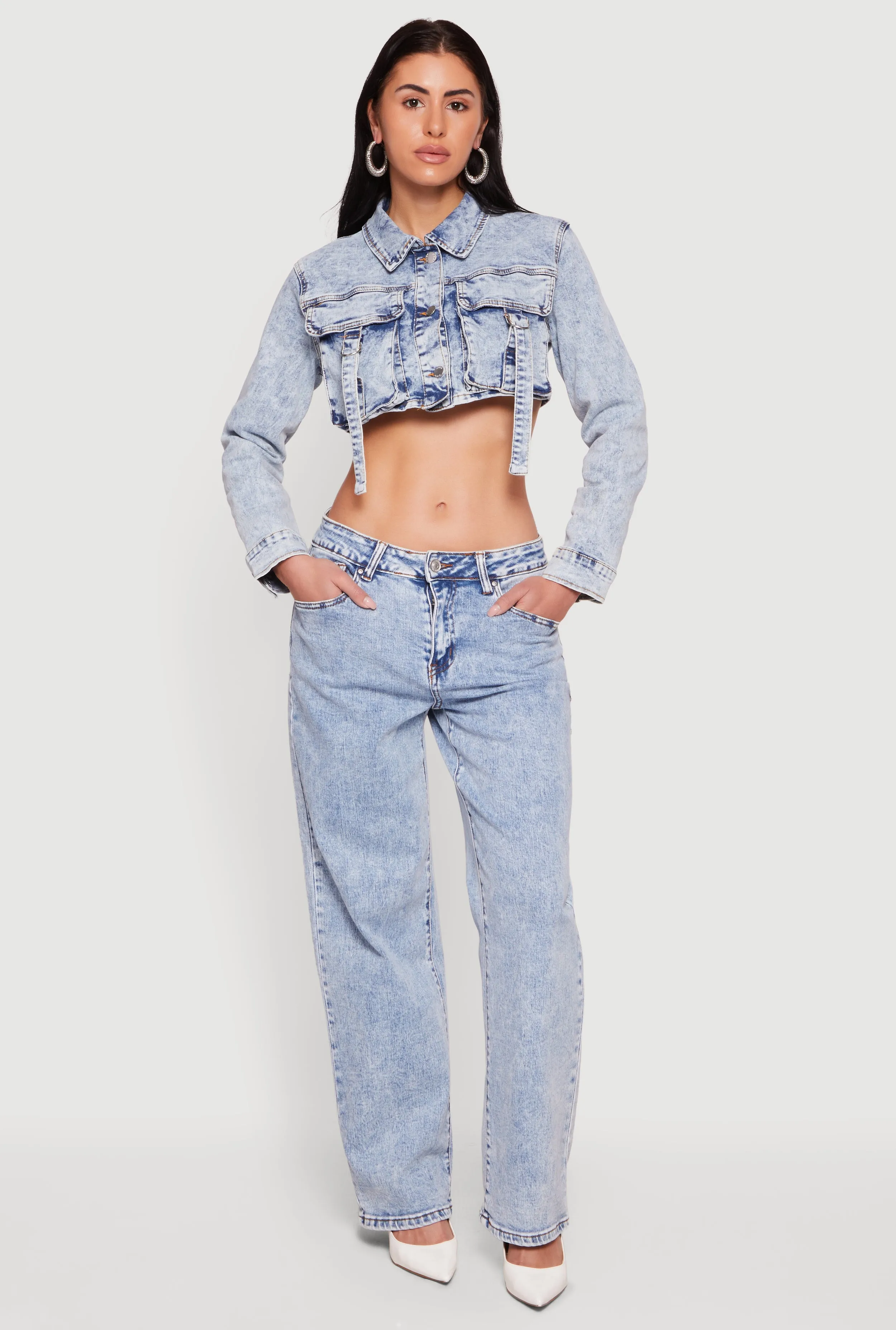 Acid Wash Cropped Button Front Denim Jacket sold by Rainbow