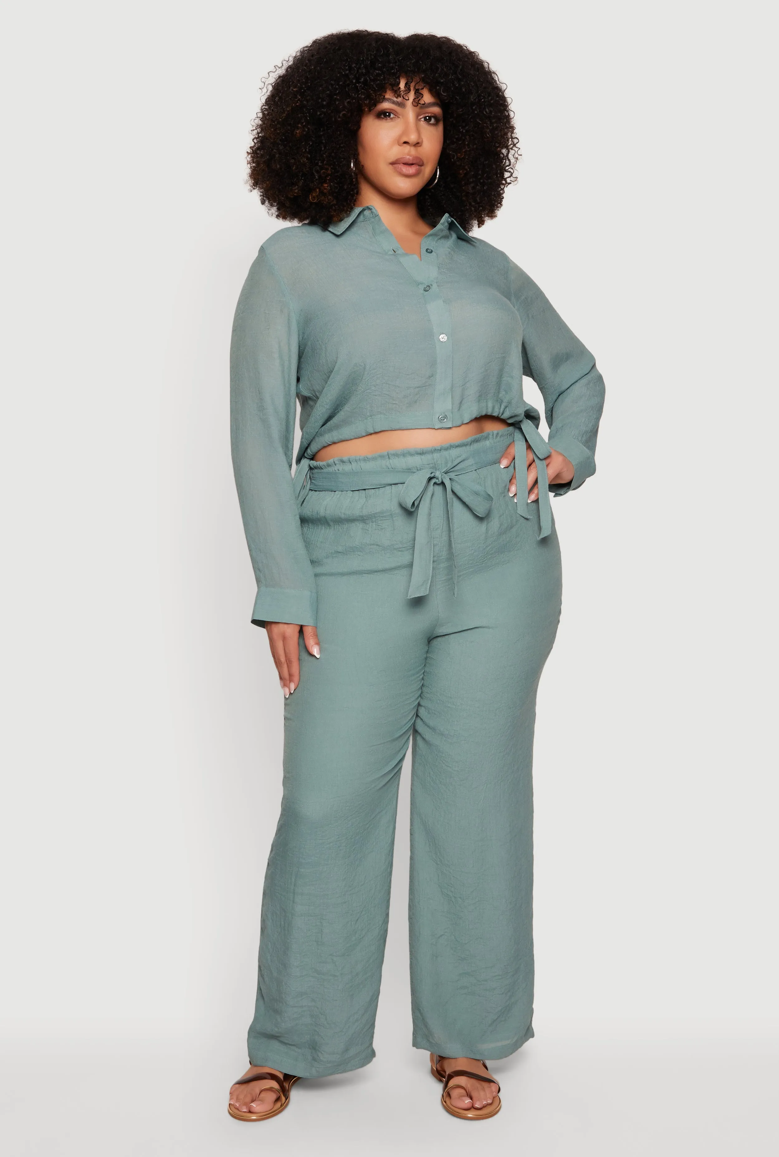 Plus Size Gauze Knit Tie Waist Belted Wide Leg Pants sold by Rainbow product image thumbnail 3
