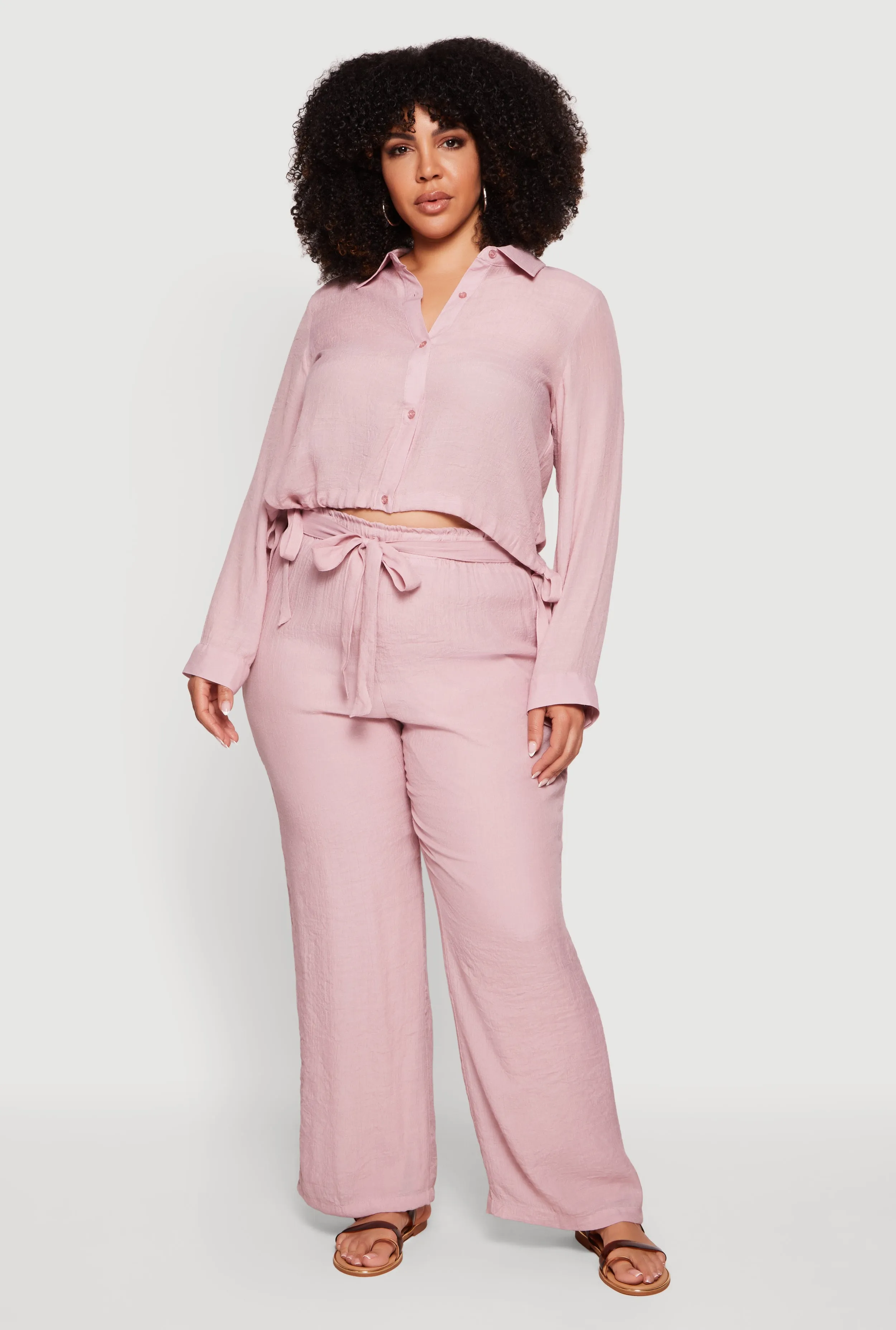 Plus Size Gauze Knit Tie Waist Belted Wide Leg Pants sold by Rainbow product image thumbnail 4