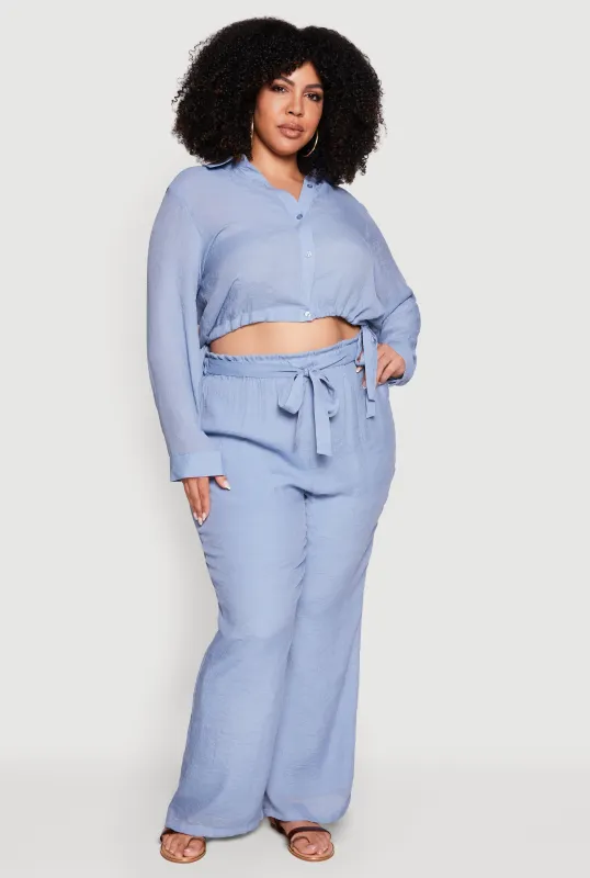 Plus Size Gauze Knit Tie Waist Belted Wide Leg Pants made by Rainbow