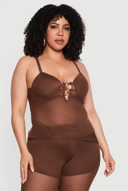 Plus Size Metallic O Ring Mesh Sweetheart Neckline Top made by Rainbow