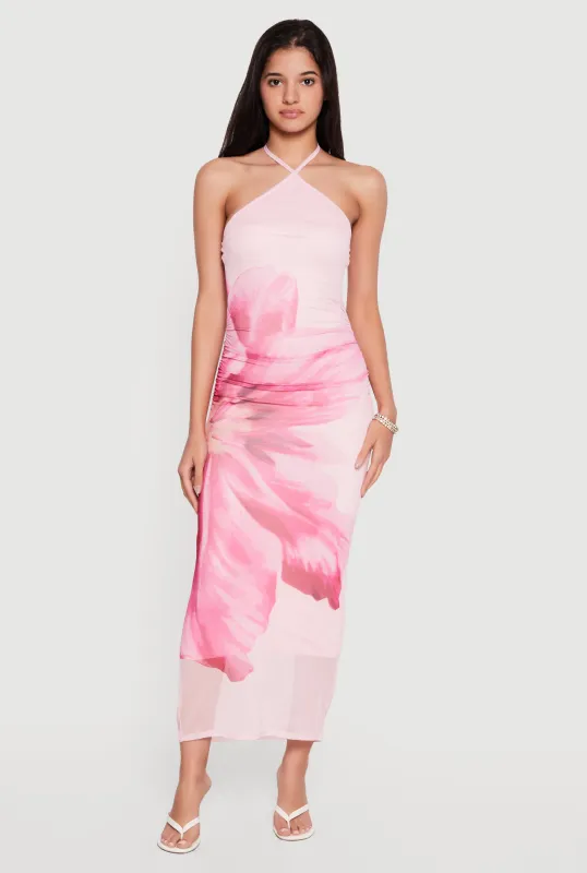 Almost Famous Abstract Flower Print Mesh Halter Dress made by Almost Famous