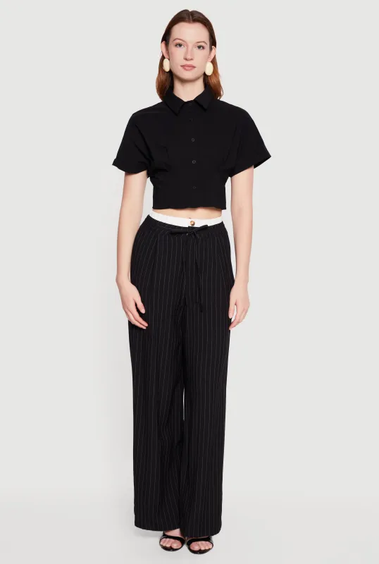 Cropped Pleated Button Front Shirt made by Rainbow