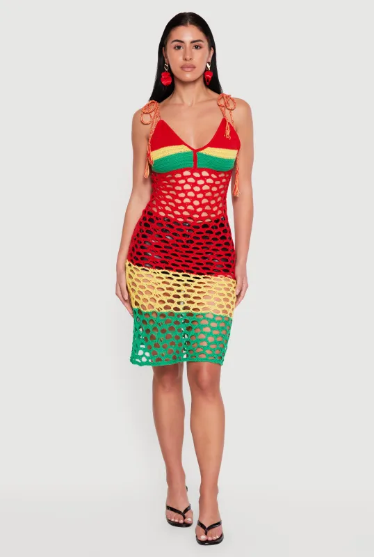 Color Blocked Tie Shoulder Crochet Dress made by Rainbow