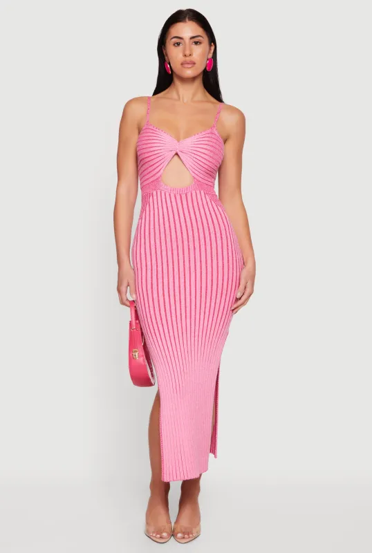 Sleeveless Ribbed Knit Striped Midi Dress with Keyhole made by Rainbow