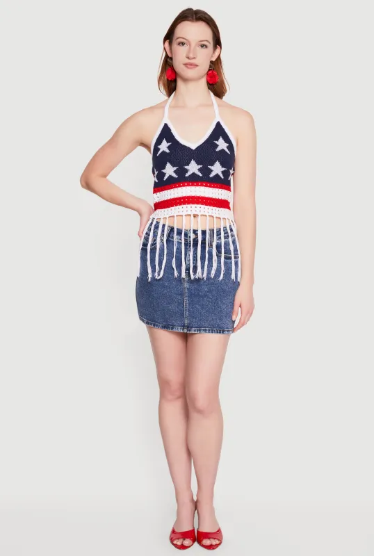 American Flag Fringe Hem Tie Back Halter Top made by Rainbow