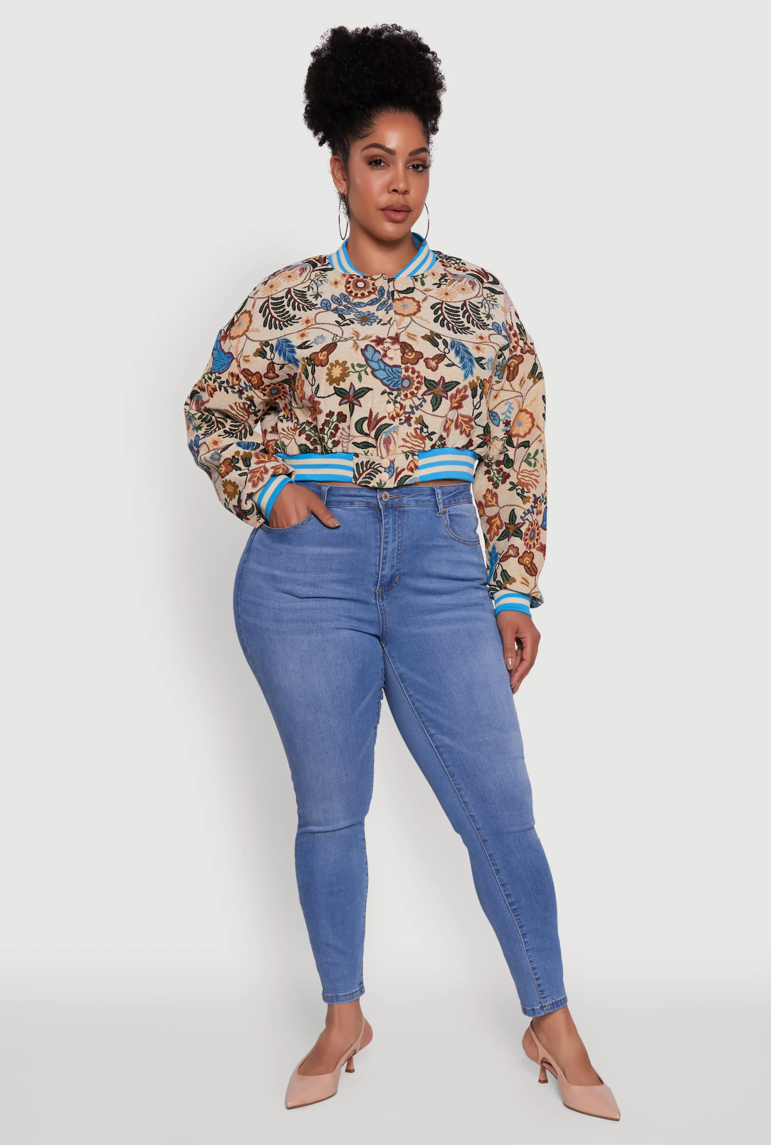 Plus Size Floral Print Jaquard Varsity Stripe Jacket sold by Rainbow