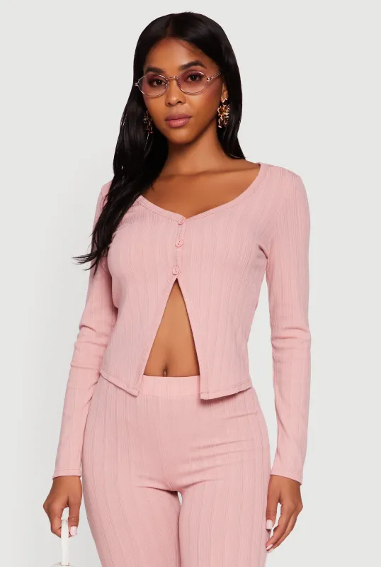 Ribbed Knit V Neck Slit Front Top made by Rainbow