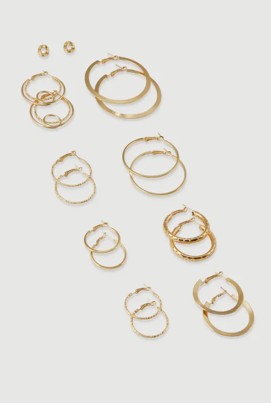 Metallic Assorted Hoop and Stud Earrings Set of 9 made by Rainbow