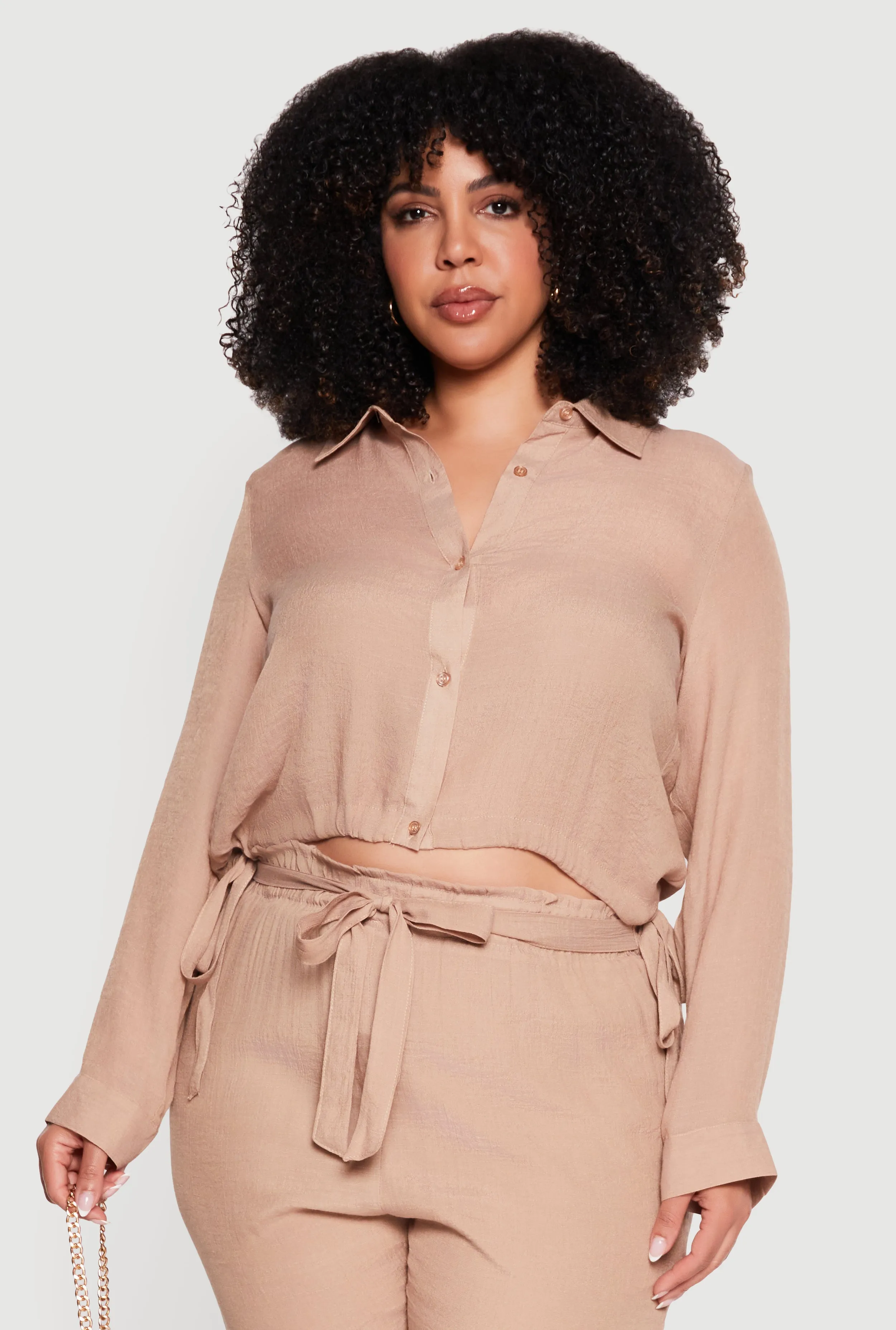 Plus Size Gauze Knit Cropped Button Front Shirt sold by Rainbow