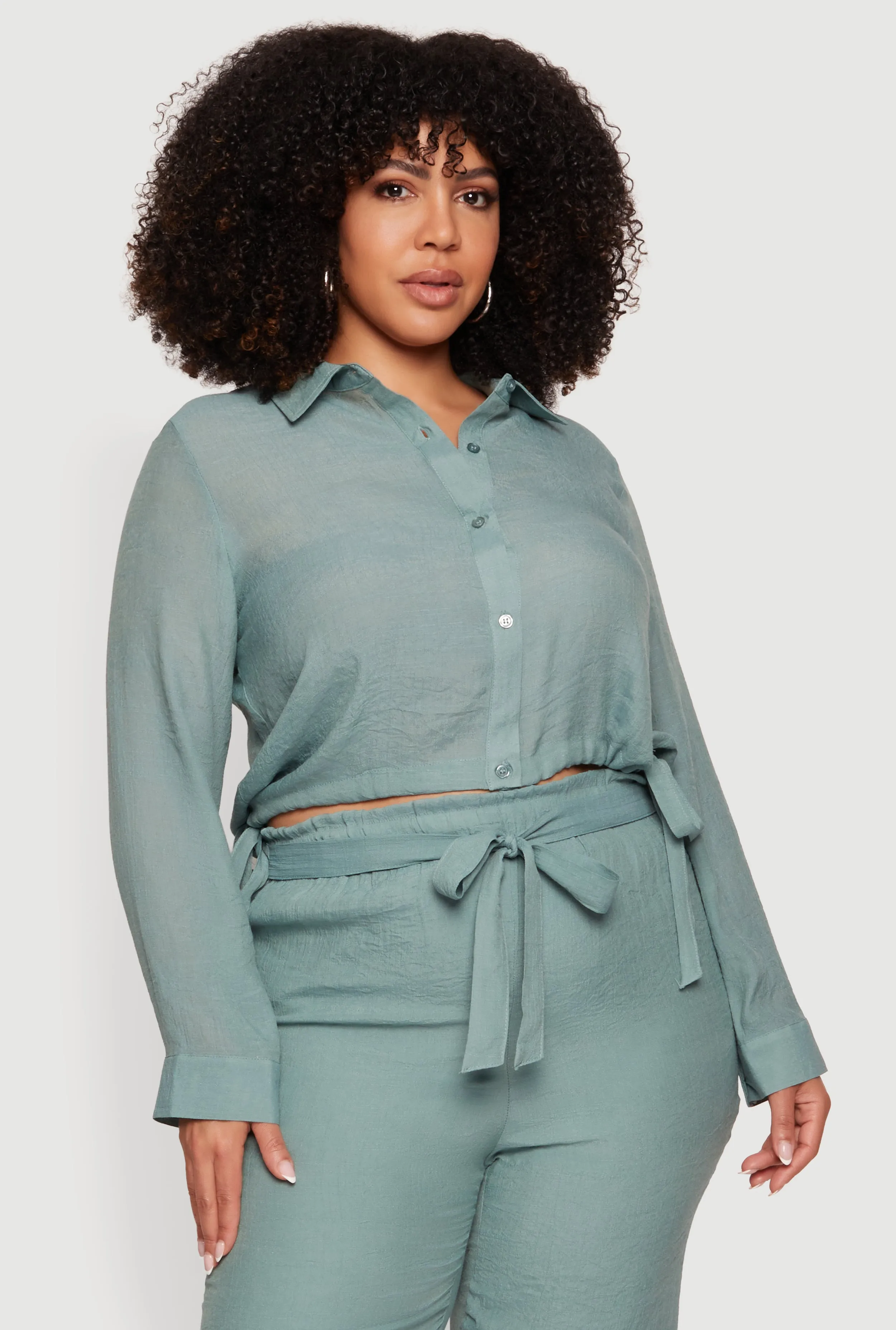 Plus Size Gauze Knit Cropped Button Front Shirt sold by Rainbow product image thumbnail 3