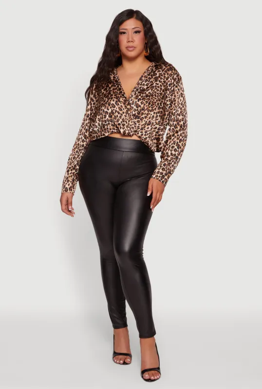 Plus Size Satin Leopard Print Faux Wrap Crop Blouse made by Ambiance