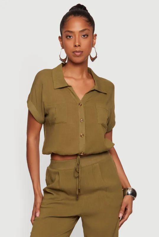 Drawstring Hem Cropped Short Sleeve Button Front Shirt made by Rainbow