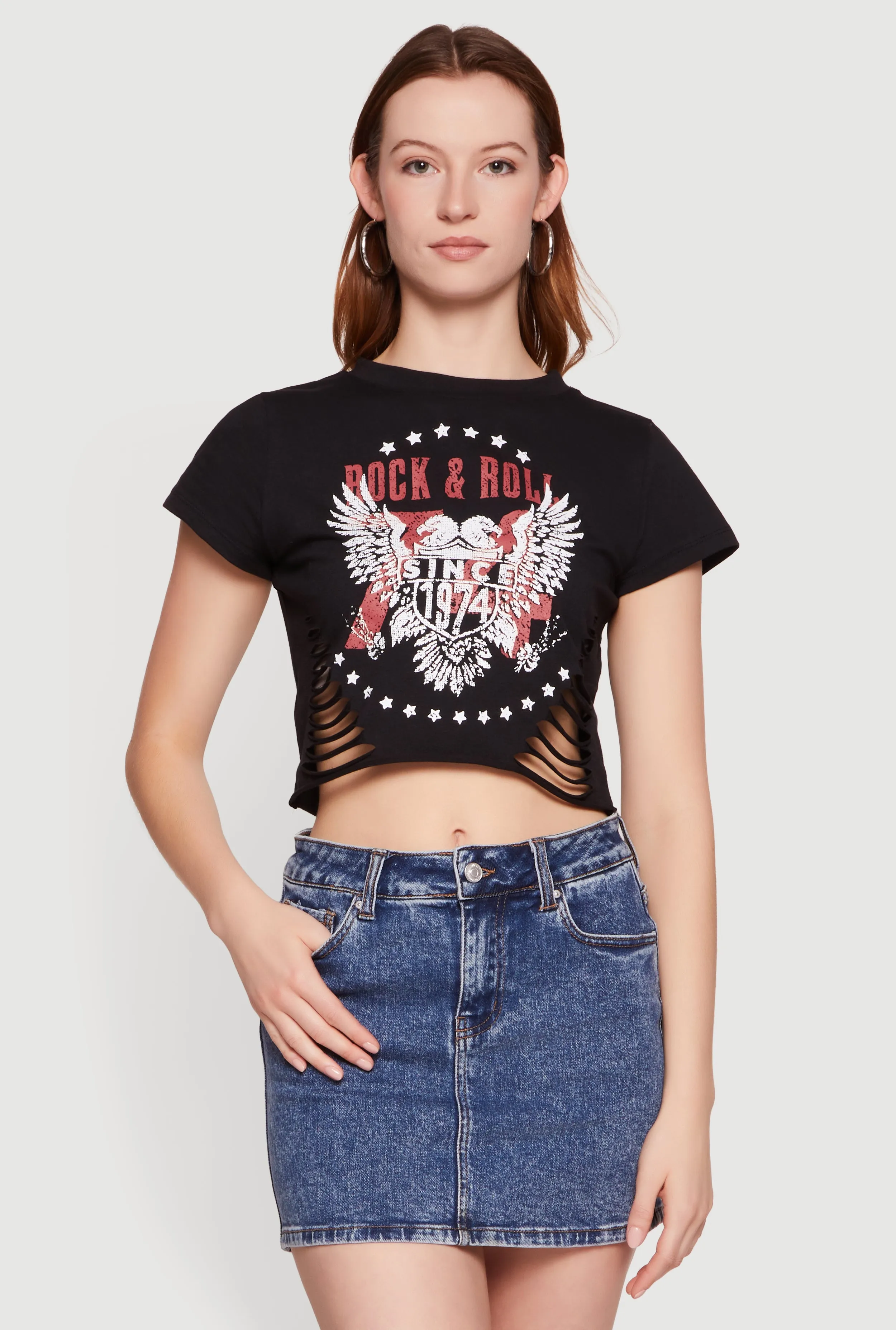 Rock and Roll Graphic Slashed Cropped Tee sold by Rainbow product image thumbnail 2