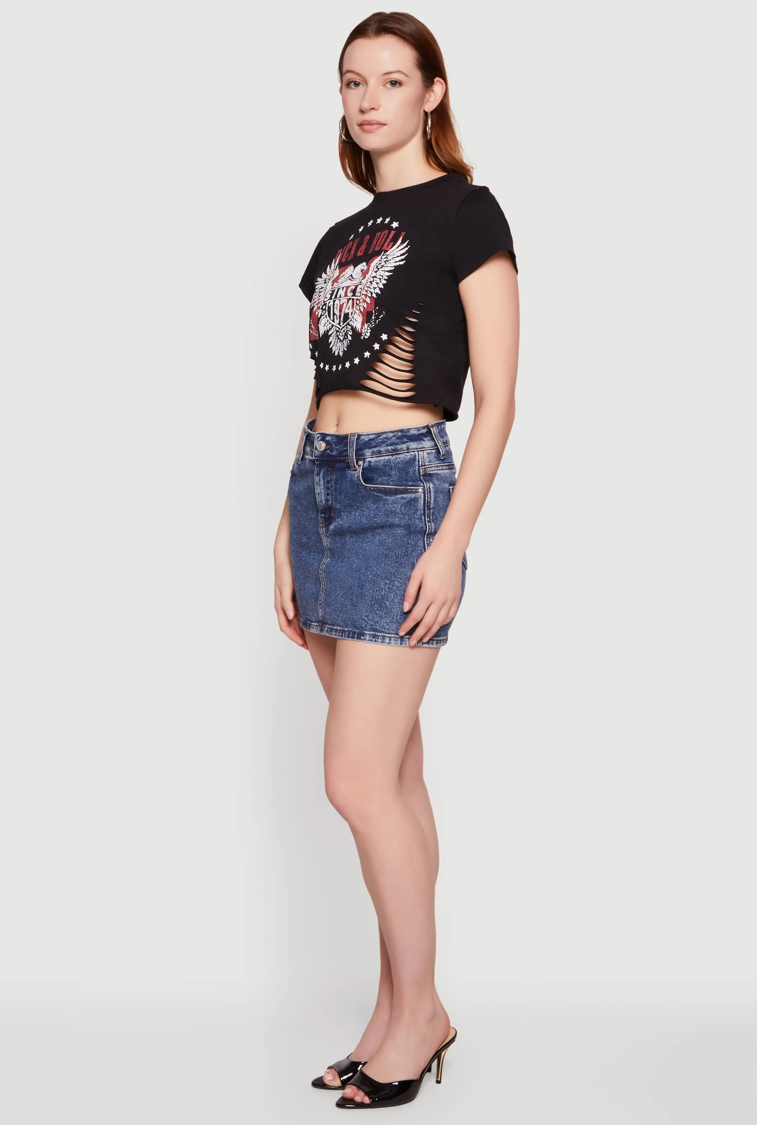 Rock and Roll Graphic Slashed Cropped Tee sold by Rainbow product image thumbnail 3