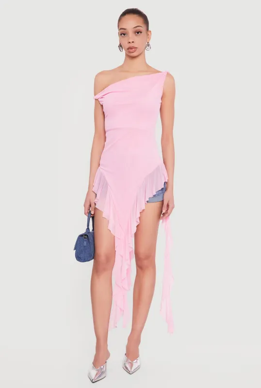 One Shoulder Twist Sleeve Ruffle Mesh Blouse made by Rainbow