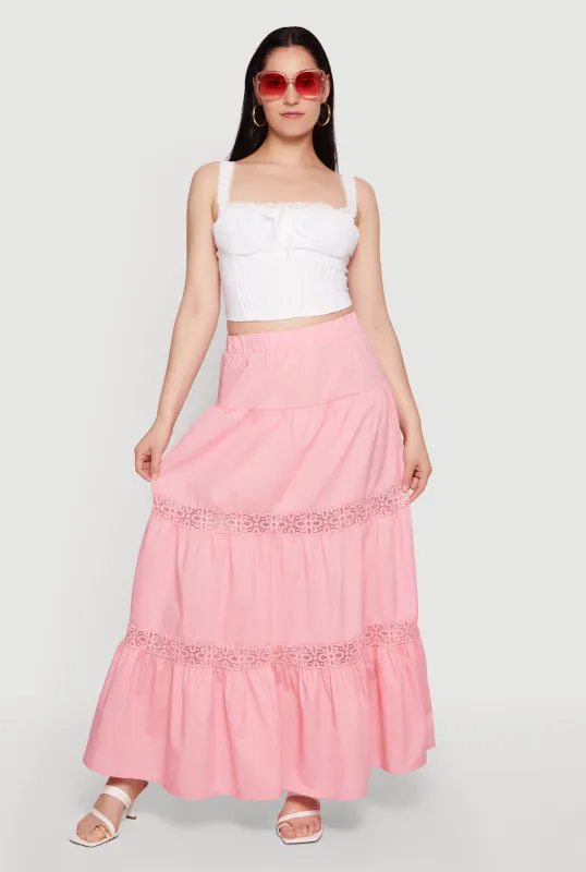 Poplin Lace Insert Tiered Maxi Skirt made by Rainbow
