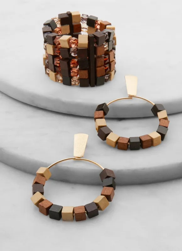 Wooden Beaded Hoop Earrings and Stretch Bracelet made by Rainbow