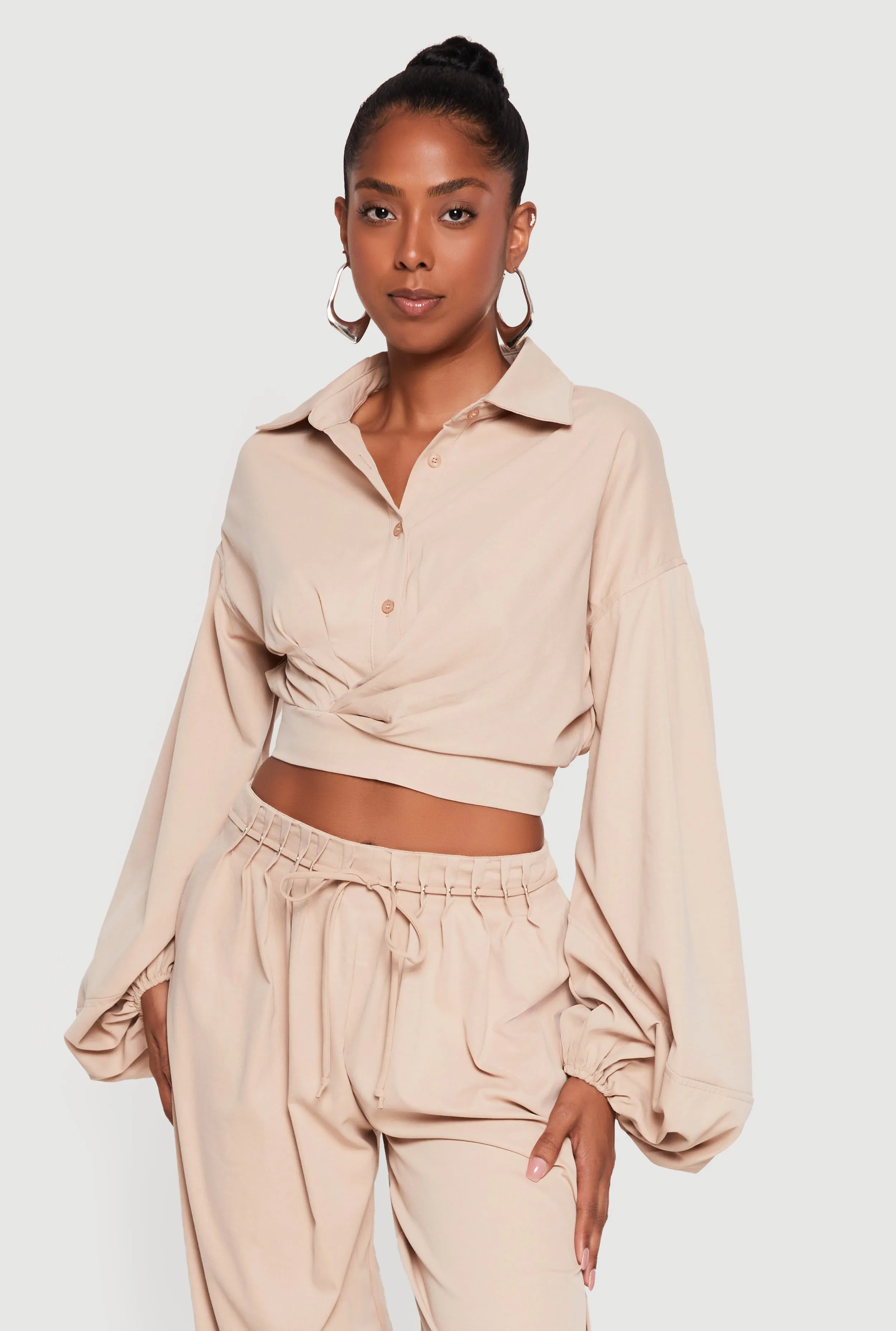 Faux Wrap Balloon Sleeve Cropped Shirt sold by Rainbow product image thumbnail 2