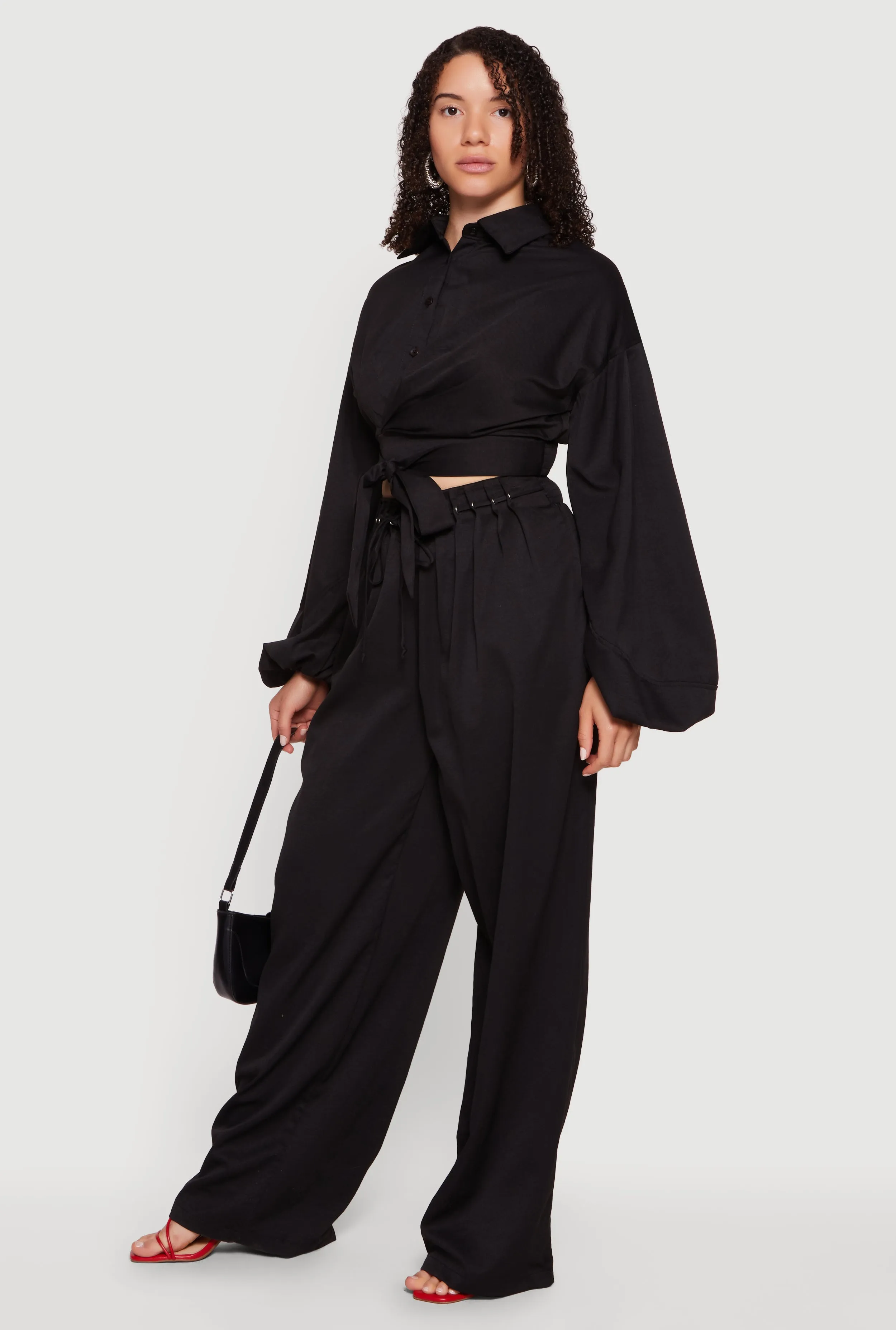Faux Wrap Balloon Sleeve Cropped Shirt sold by Rainbow product image thumbnail 3