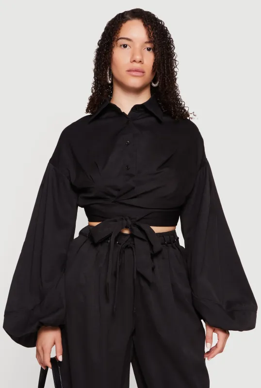 Faux Wrap Balloon Sleeve Cropped Shirt made by Rainbow
