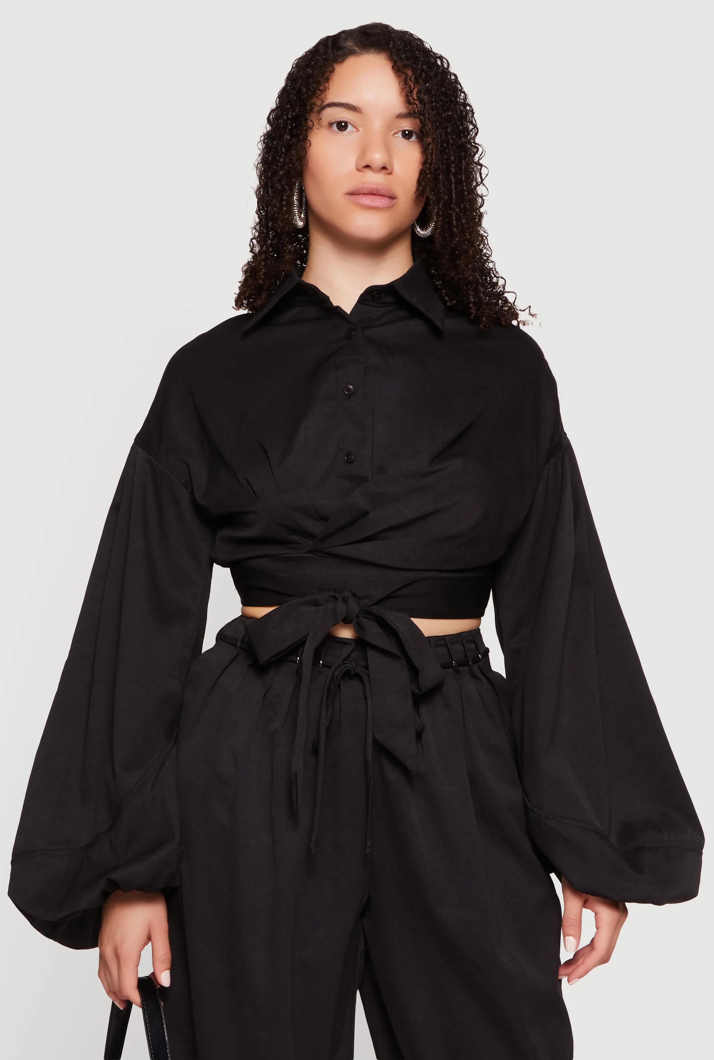 Faux Wrap Balloon Sleeve Cropped Shirt sold by Rainbow